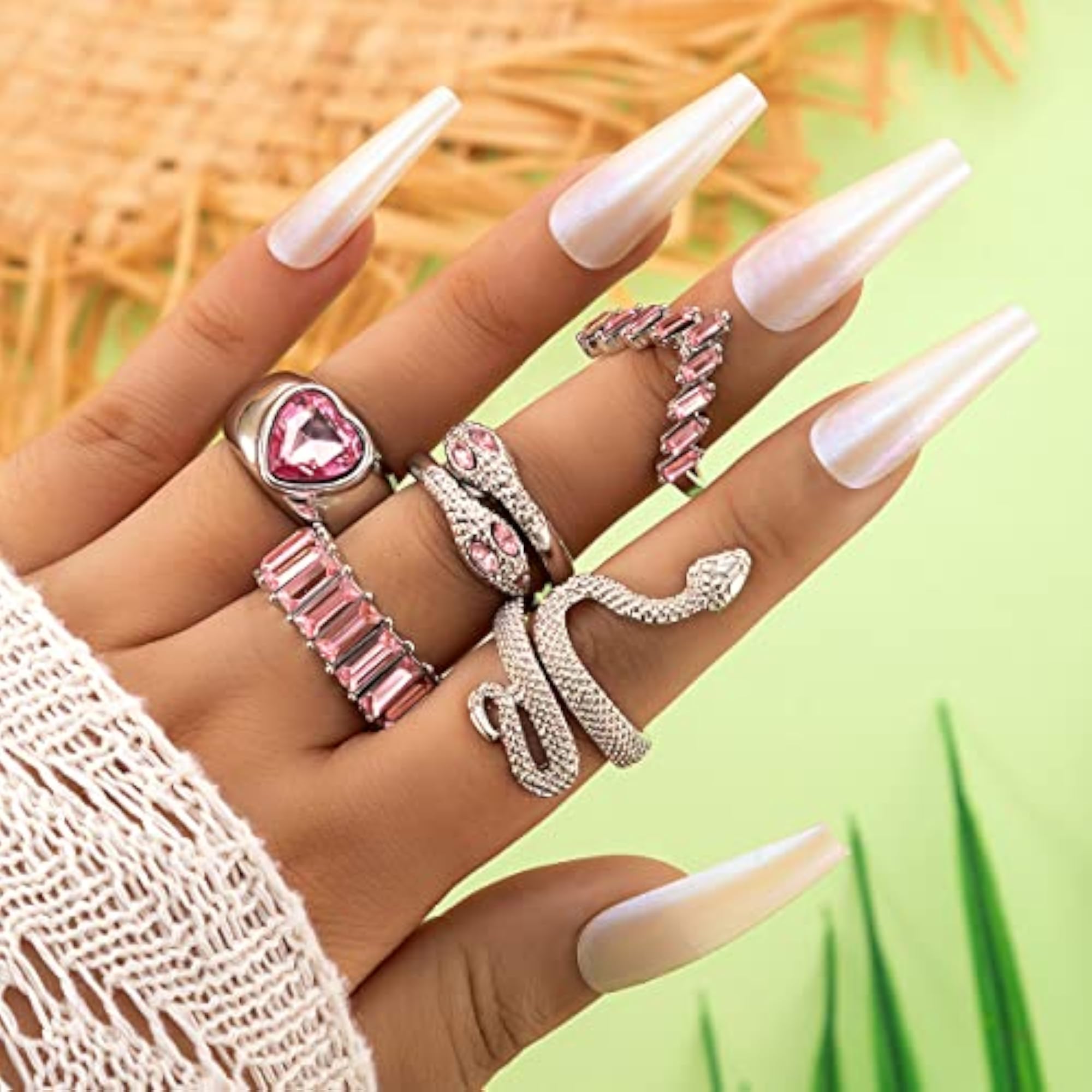 5-Piece Pink Stone Heart-Snake Stackable Rings Set